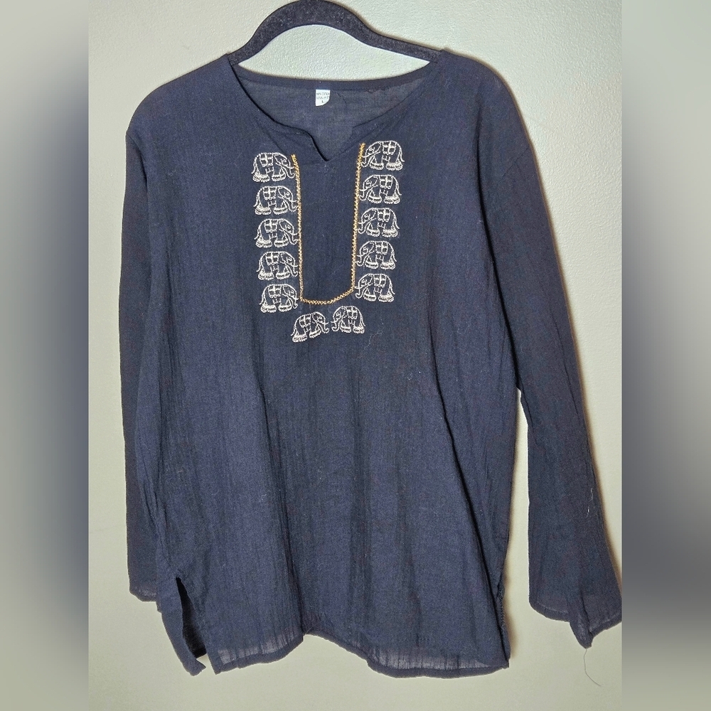 Unisex 100%‎ Cotton Embroidered Elephant Boho Eclectic Festival Tunic, Large
